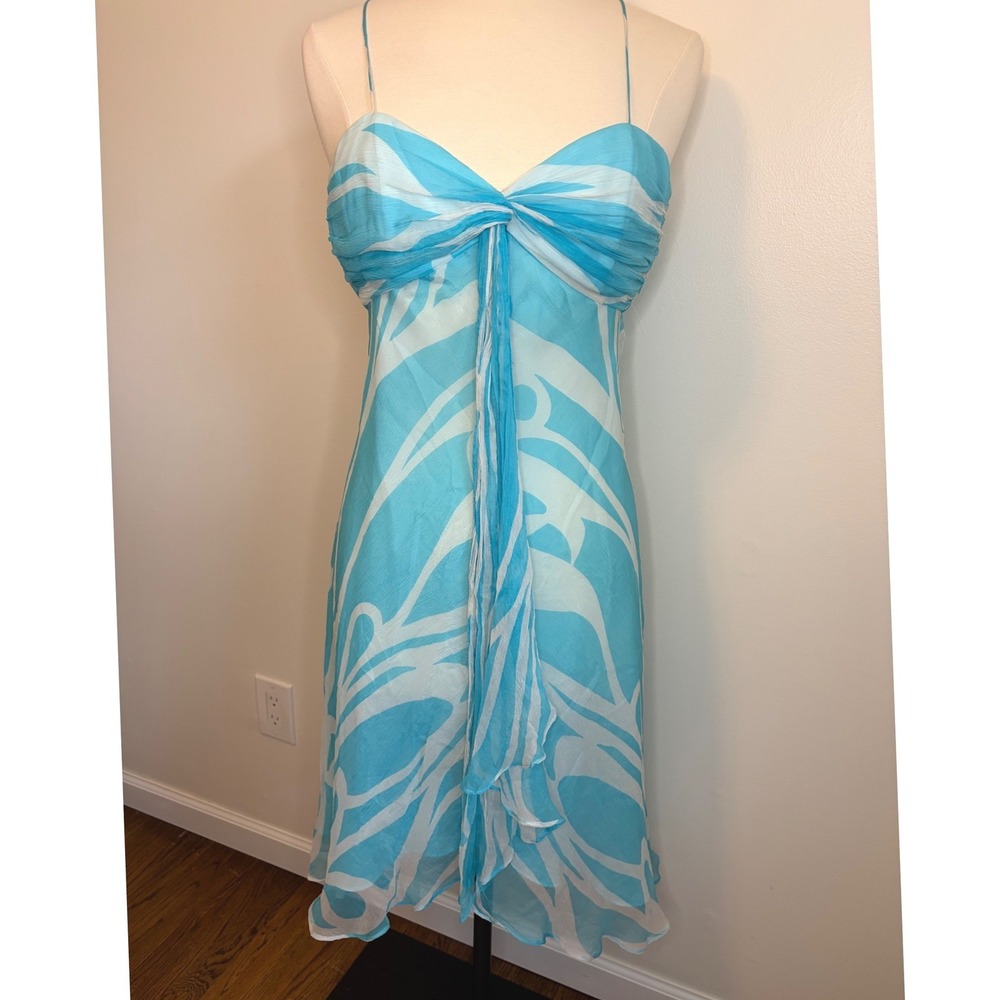 VTG Y2K Milly of New York Silk Chiffon Ruffle Dress Turquoise White Abstract 6